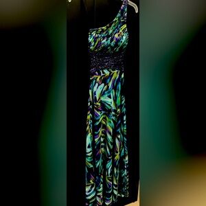 Long elegant evening dress. Multicolor/one sleeve. Beaded low back.